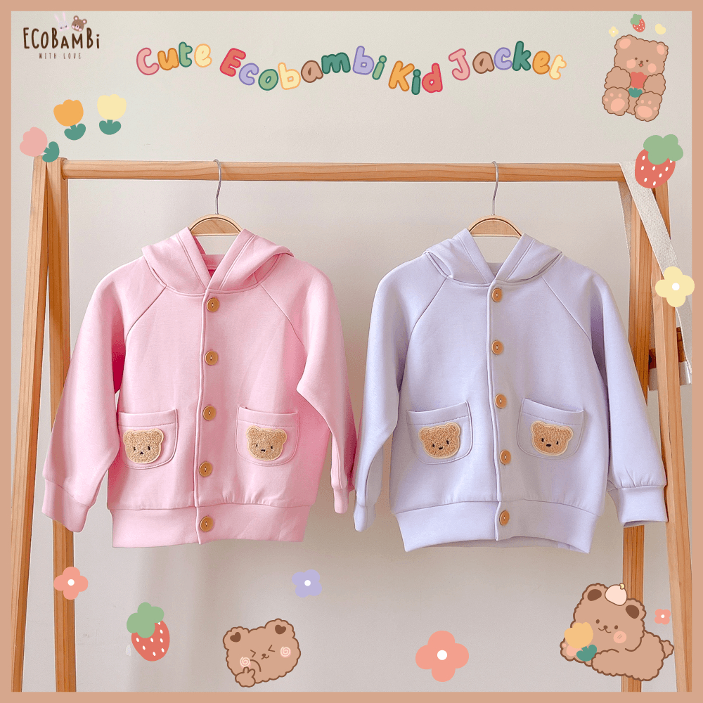 Áo khoác Unisex có nón tai gấu, nút cài, túi đính sticker teddy dễ thương cho bé yêu BB-23AK011 - Ecobambi
