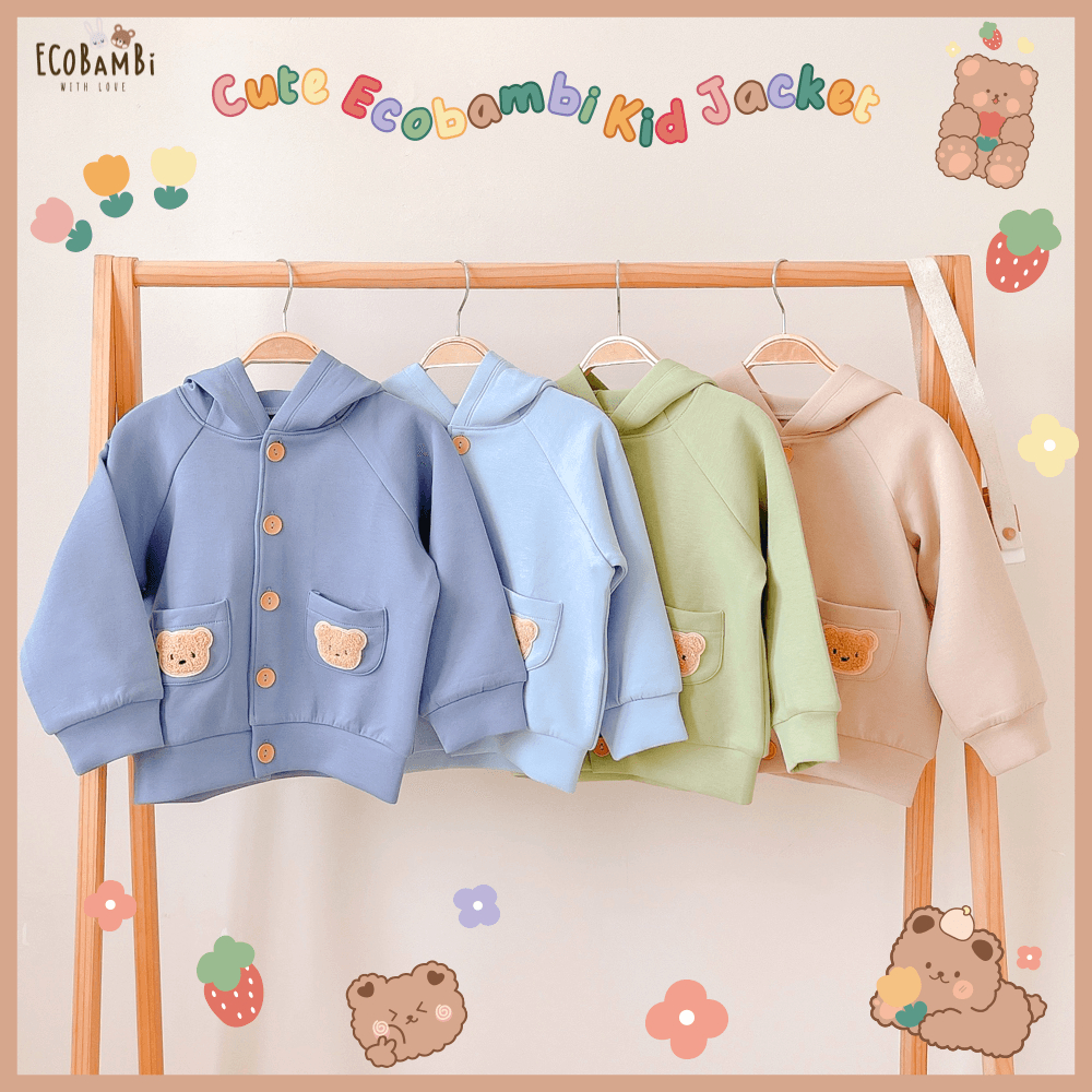 Áo khoác Unisex có nón tai gấu, nút cài, túi đính sticker teddy dễ thương cho bé yêu BB-23AK011 - Ecobambi