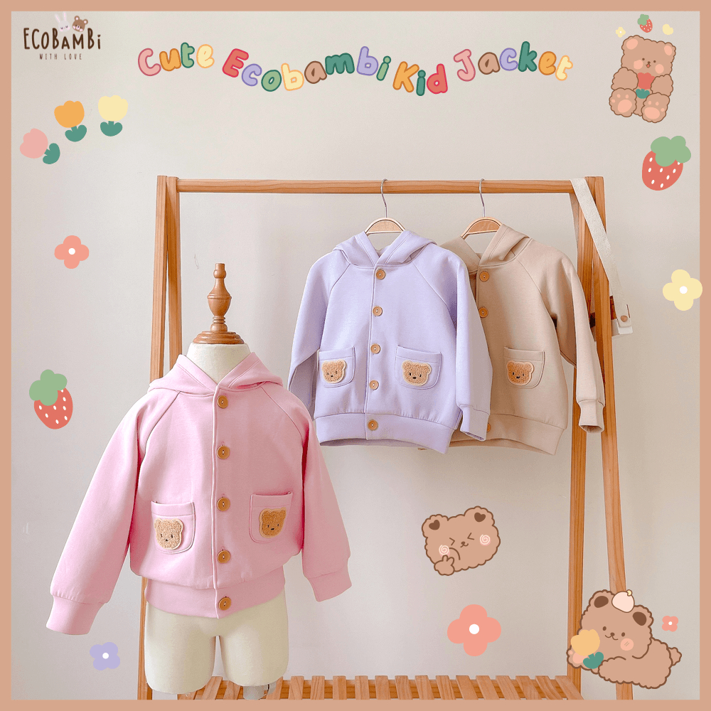 Áo khoác Unisex có nón tai gấu, nút cài, túi đính sticker teddy dễ thương cho bé yêu BB-23AK011 - Ecobambi