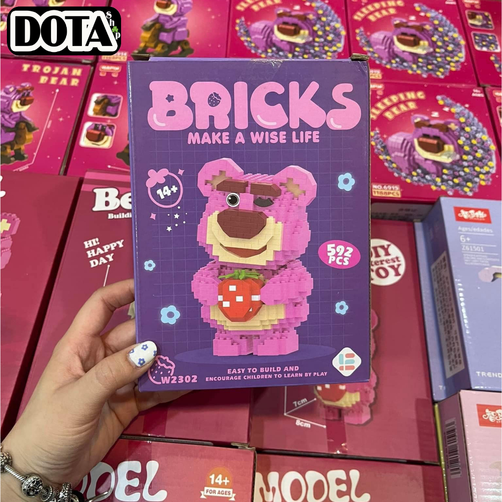 Gấu Dâu Lotso | Đồ Chơi Mô Hình Lắp Ráp Gấu Hồng 3D Hạt Trơn Nano Block Dễ Thương Cho Bé Trai Bé Gái