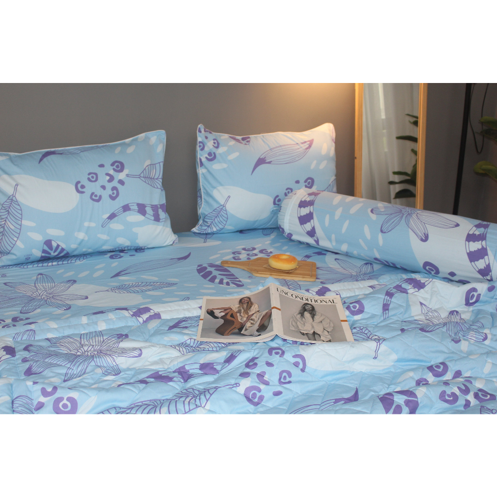Bộ drap gối 4 món 100% cotton thiên nhiên Kha Ly- Lá Tím nền Xanh  336