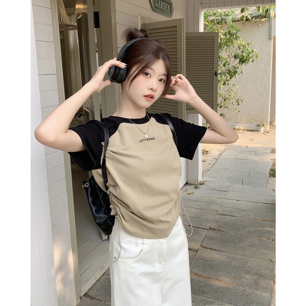 💃 Áo Thun Baby Tee Leterring Tay Phối Màu Dây Rút In Chữ 4 Màu