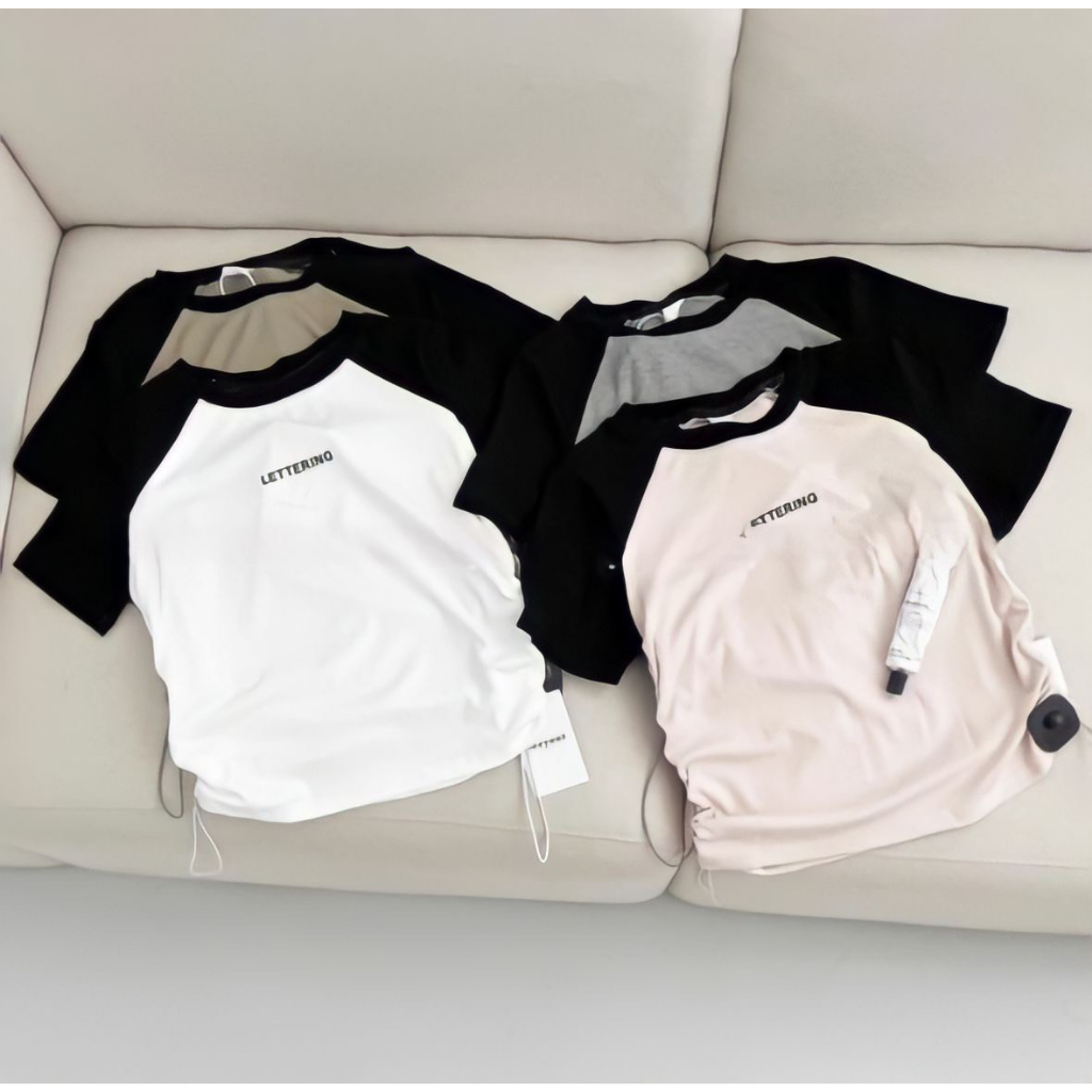 💃 Áo Thun Baby Tee Leterring Tay Phối Màu Dây Rút In Chữ 4 Màu
