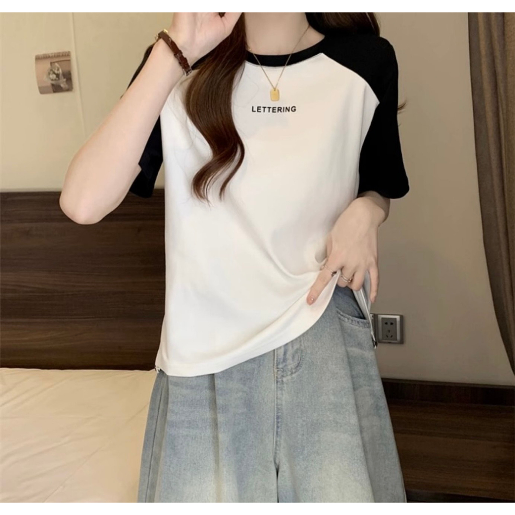 💃 Áo Thun Baby Tee Leterring Tay Phối Màu Dây Rút In Chữ 4 Màu