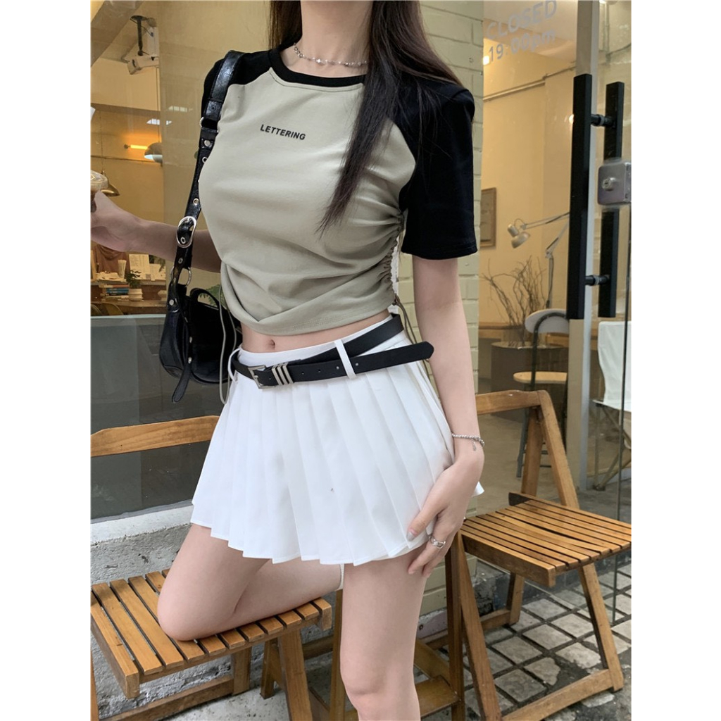 💃 Áo Thun Baby Tee Leterring Tay Phối Màu Dây Rút In Chữ 4 Màu