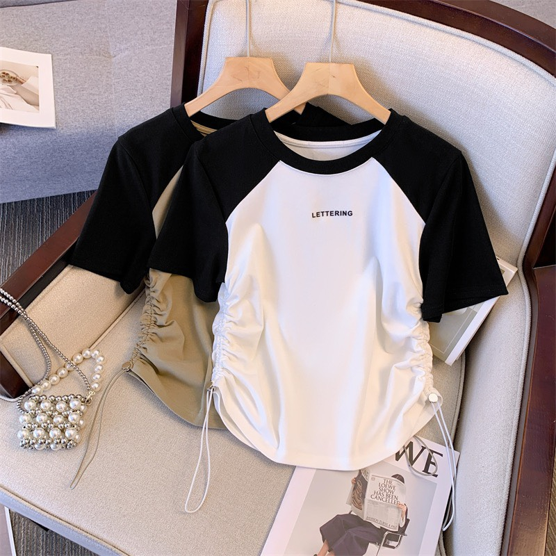 💃 Áo Thun Baby Tee Leterring Tay Phối Màu Dây Rút In Chữ 4 Màu