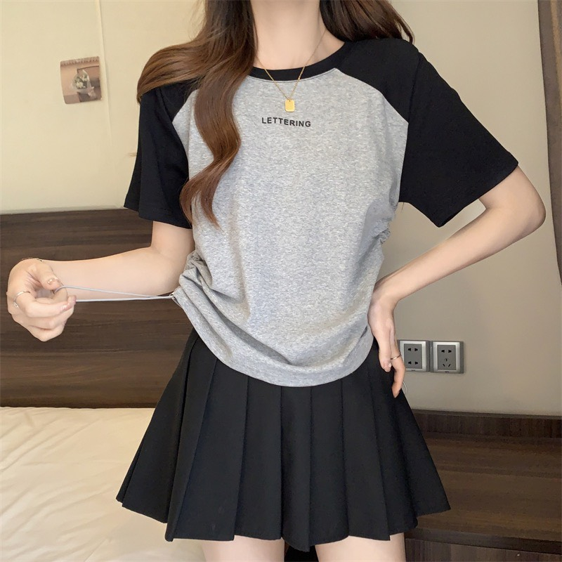 💃 Áo Thun Baby Tee Leterring Tay Phối Màu Dây Rút In Chữ 4 Màu