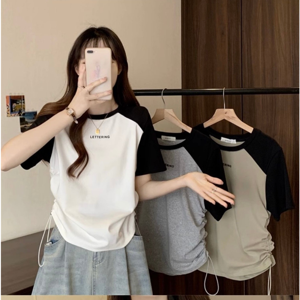 💃 Áo Thun Baby Tee Leterring Tay Phối Màu Dây Rút In Chữ 4 Màu