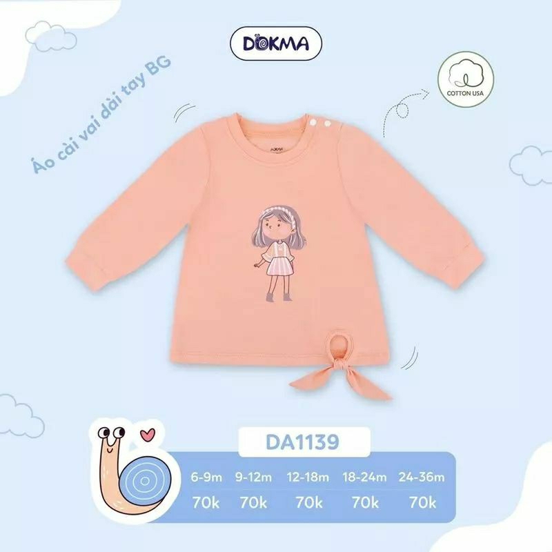 Áo dài tay cài vai bé gái Dokma 9-36M nhiều mẫu
