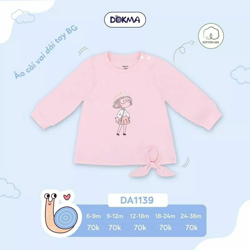 Áo dài tay cài vai bé gái Dokma 9-36M nhiều mẫu