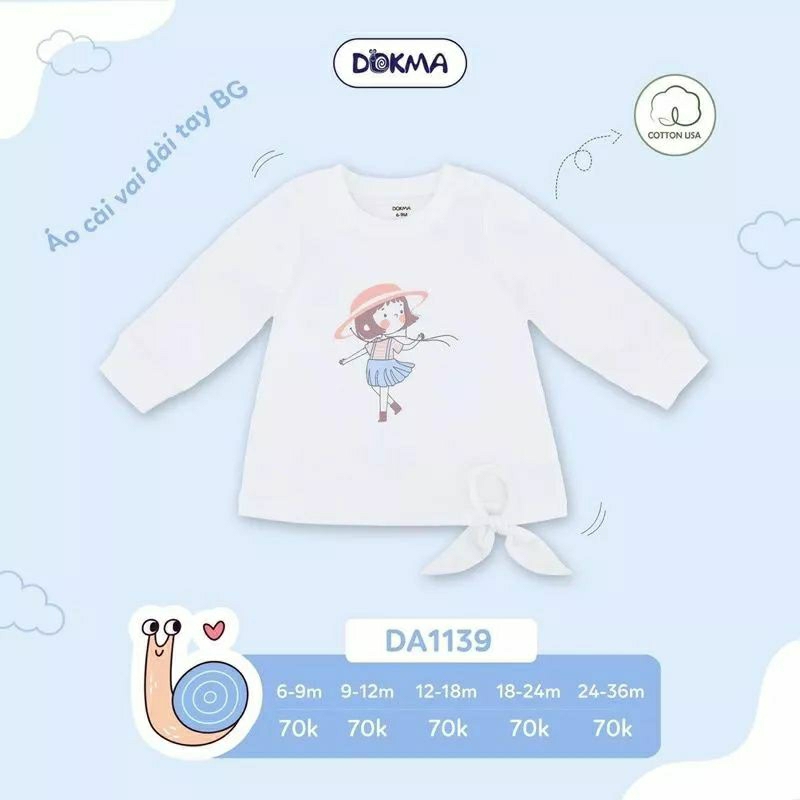 Áo dài tay cài vai bé gái Dokma 9-36M nhiều mẫu