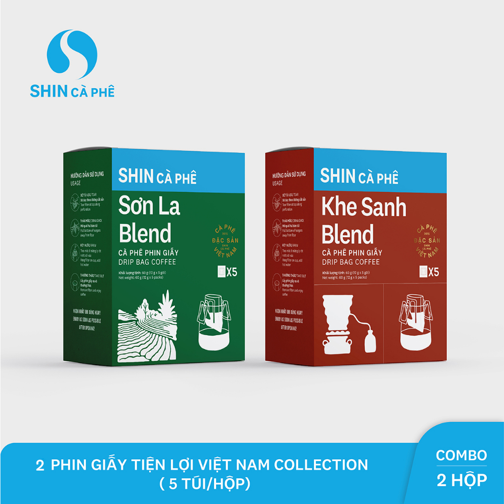 SHIN Cà Phê - Combo Sơn La và Khe Sanh - Phin giấy tiện lợi hộp 5 gói
