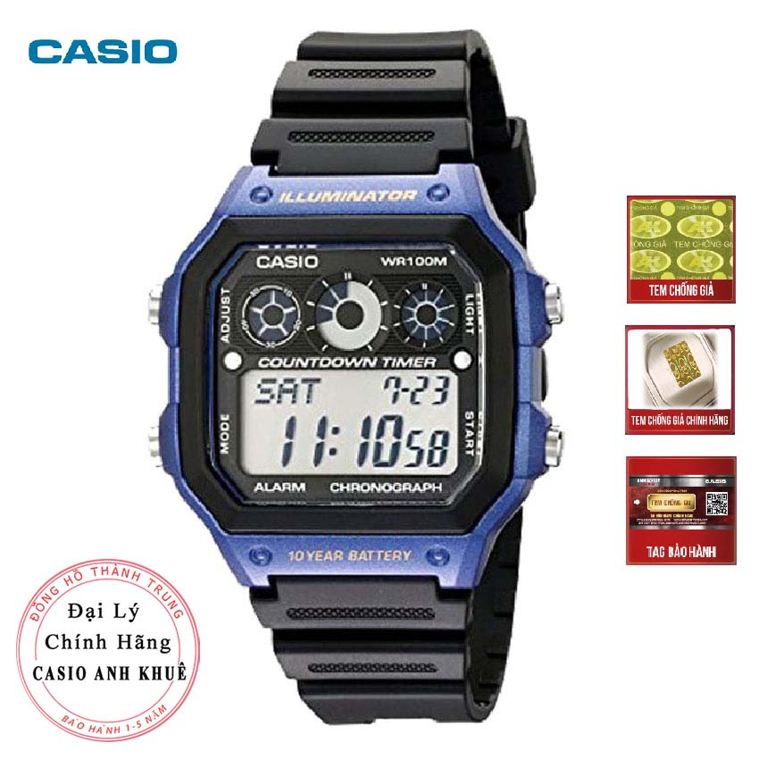 Đồng hồ nam Casio AE-1300WH-2AVDF vỏ xanh mặt vuông hiện đại