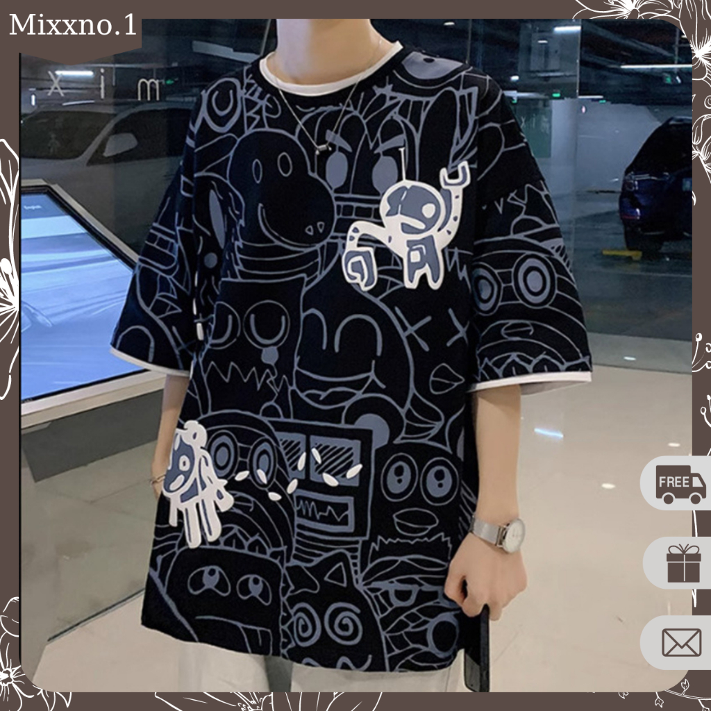 Áo Thun Nam Dáng Rộng Cổ Tròn In Họa Tiết Hoạt Hình Chất Cotton Phong Cách Đường Phố Thời Trang Mixxno1 TOP NAM 272V1