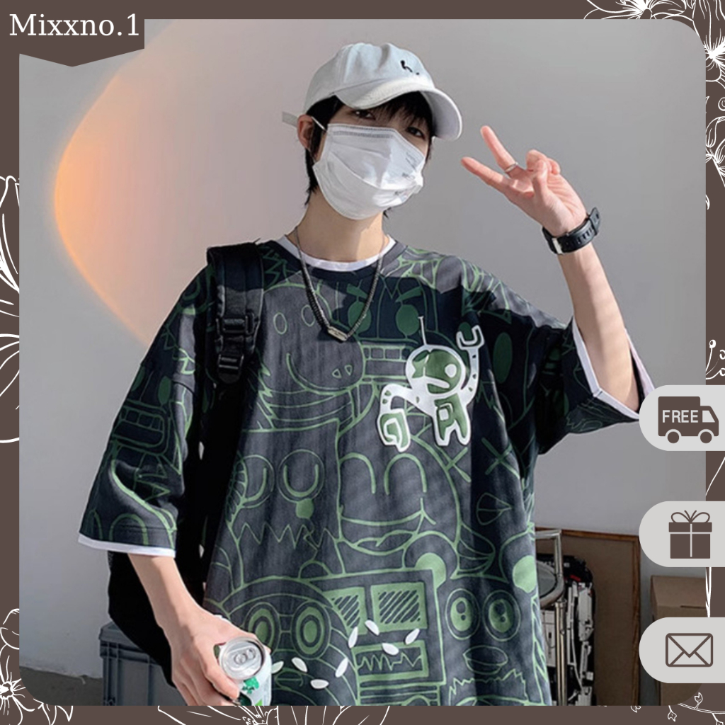 Áo Thun Nam Dáng Rộng Cổ Tròn In Họa Tiết Hoạt Hình Chất Cotton Phong Cách Đường Phố Thời Trang Mixxno1 TOP NAM 272V1