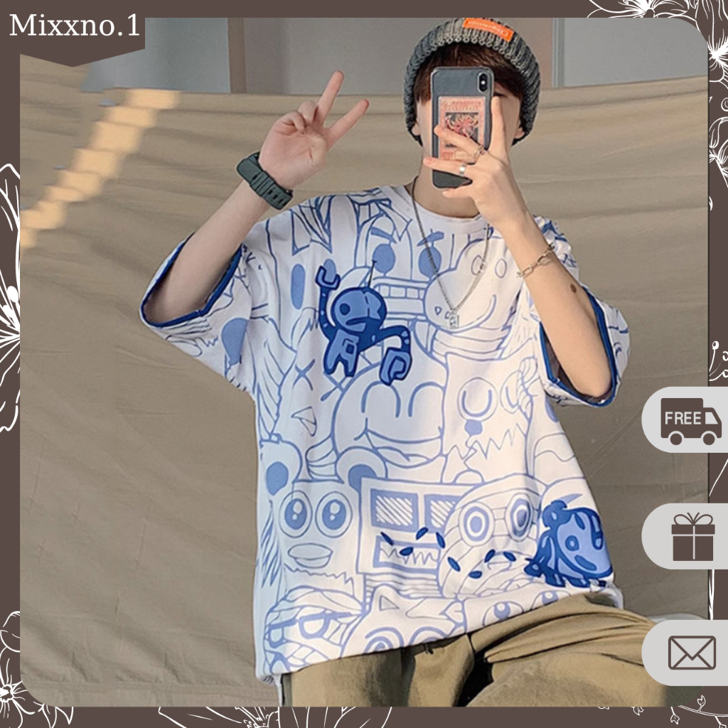 Áo Thun Nam Dáng Rộng Cổ Tròn In Họa Tiết Hoạt Hình Chất Cotton Phong Cách Đường Phố Thời Trang Mixxno1 TOP NAM 272V1
