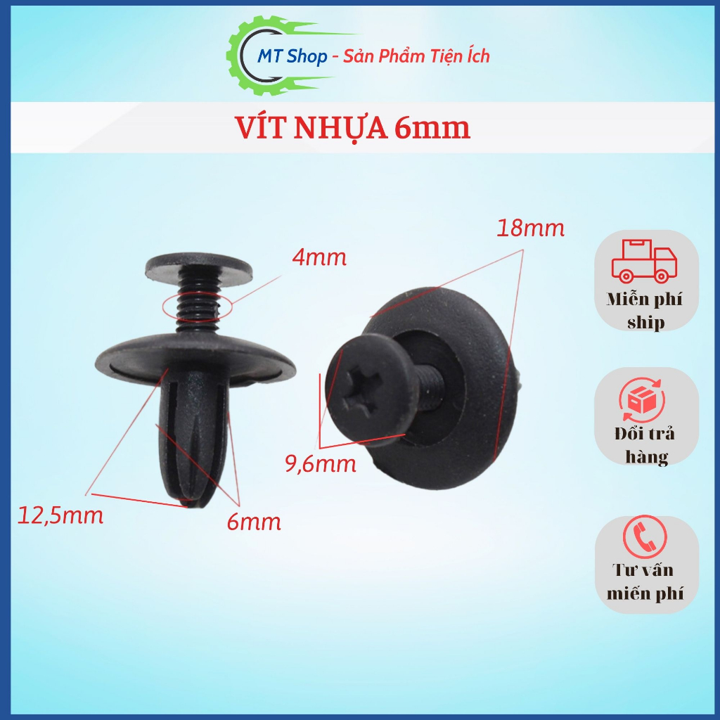 Chốt nở nhựa, vít nở nhựa khoá loại 6mm, chốt cản xe / lòng dè / chắn bùn / phụ kiện