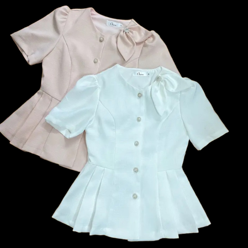 Áo Sơ Mi Peplum Chất Linen Phối Nơ Vai Đính Charm Đá
