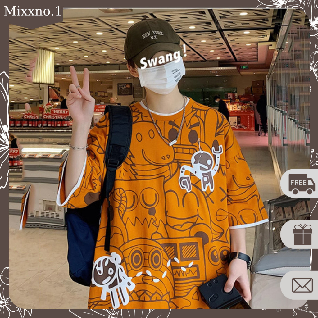 Áo Thun Nam Dáng Rộng Cổ Tròn In Họa Tiết Hoạt Hình Chất Cotton Phong Cách Đường Phố Thời Trang Mixxno1 TOP NAM 272V1