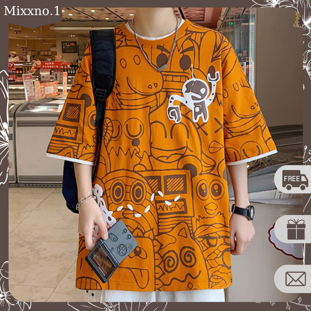 Áo Thun Nam Dáng Rộng Cổ Tròn In Họa Tiết Hoạt Hình Chất Cotton Phong Cách Đường Phố Thời Trang Mixxno1 TOP NAM 272V1