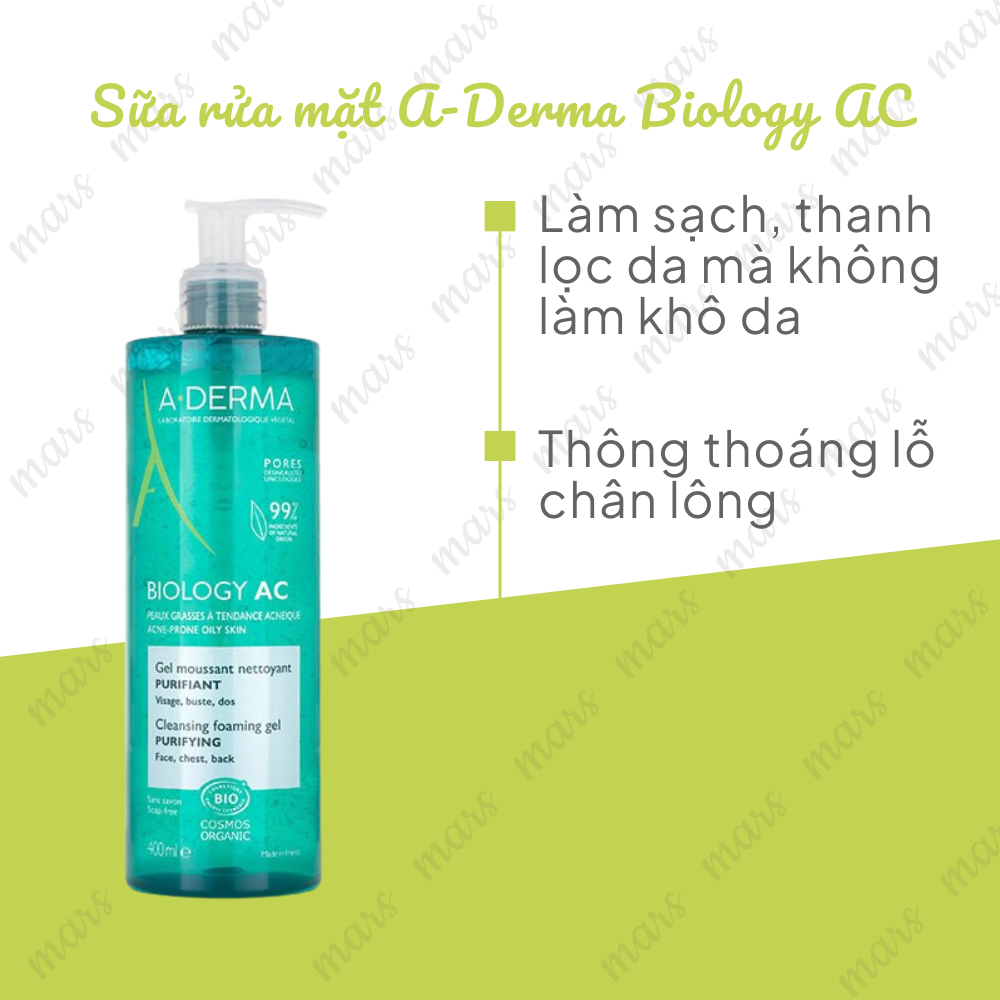 Sữa Rửa Mặt A-Derma Biology AC Cho Da Dầu, Mụn, Da Nhạy Cảm 400 ml