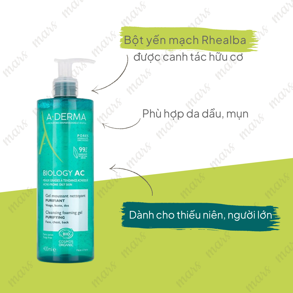 Sữa Rửa Mặt A-Derma Biology AC Cho Da Dầu, Mụn, Da Nhạy Cảm 400 ml