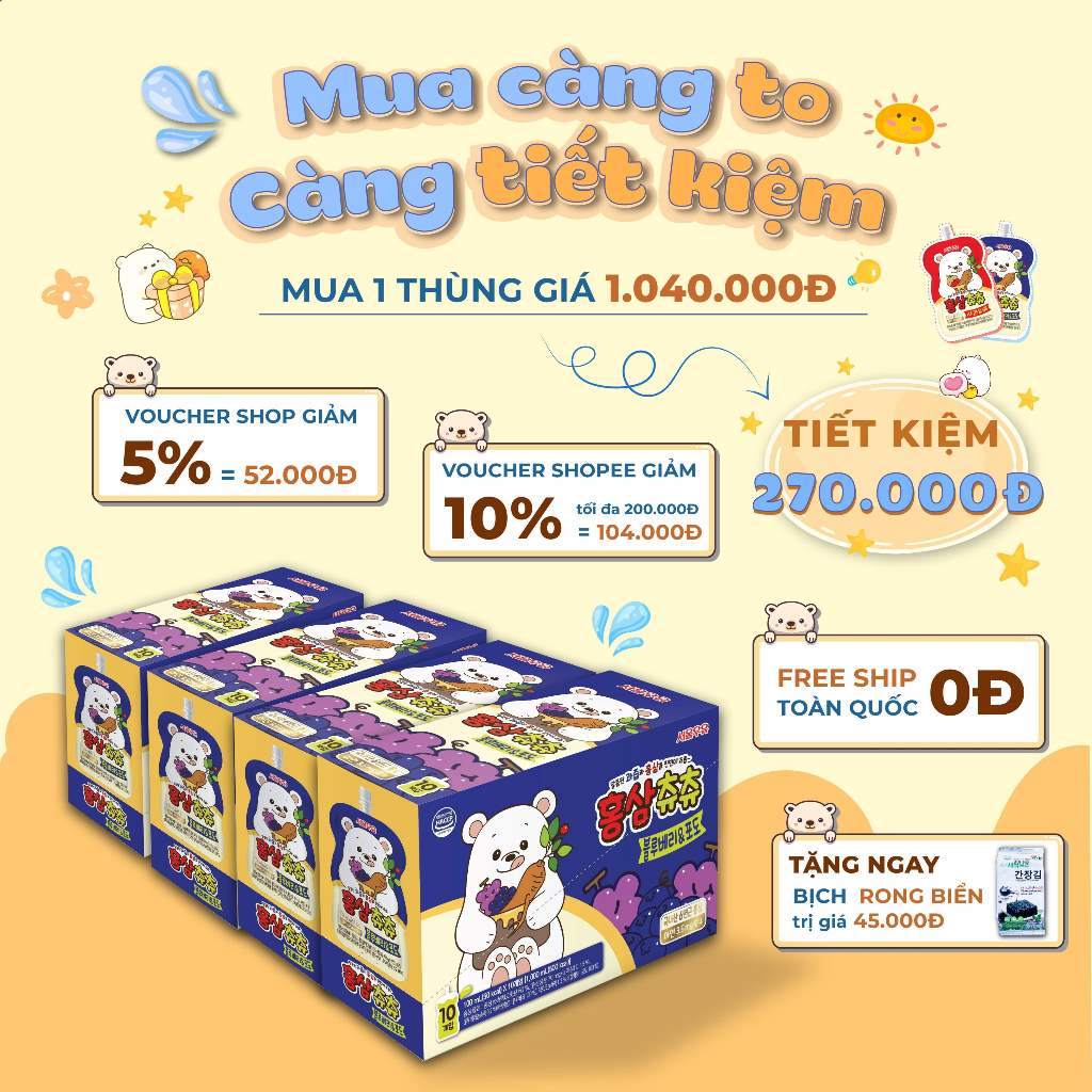 1 Thùng 40 Gói Nước Hồng Sâm Chuchu (chu chu), Nước Hồng Sâm Hàn Quốc Dạng Gói Giúp Bé Ăn Ngon, Tăng Sức Đề Kháng Cho Bé