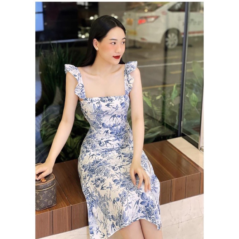 Váy hai dây cánh tiên hoạ tiết hoa xanh Zara