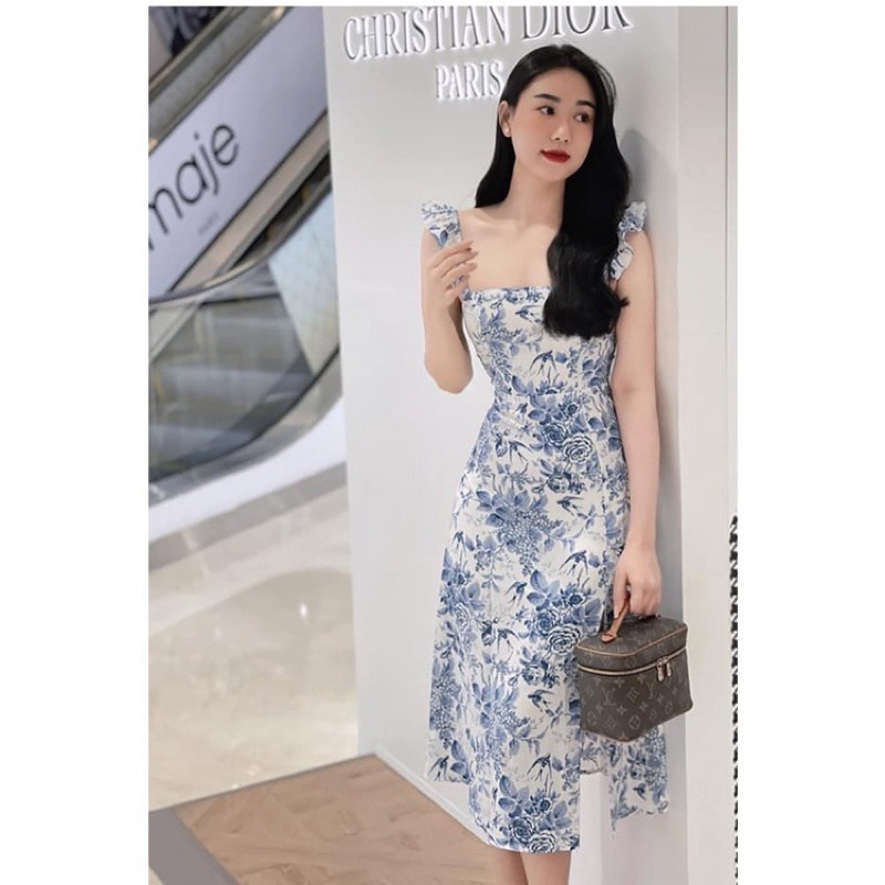 Váy hai dây cánh tiên hoạ tiết hoa xanh Zara
