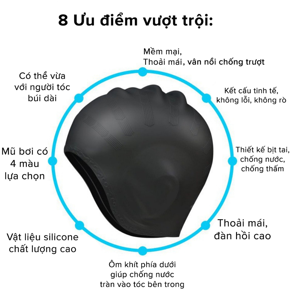 Mũ Bơi Người Lớn Trùm Tai Silicone Siêu Co Giãn, Nón Bơi Trẻ Em Bịt Tai – Chọn Màu, Siêu Bền, Mềm, Chống Thấm Nước
