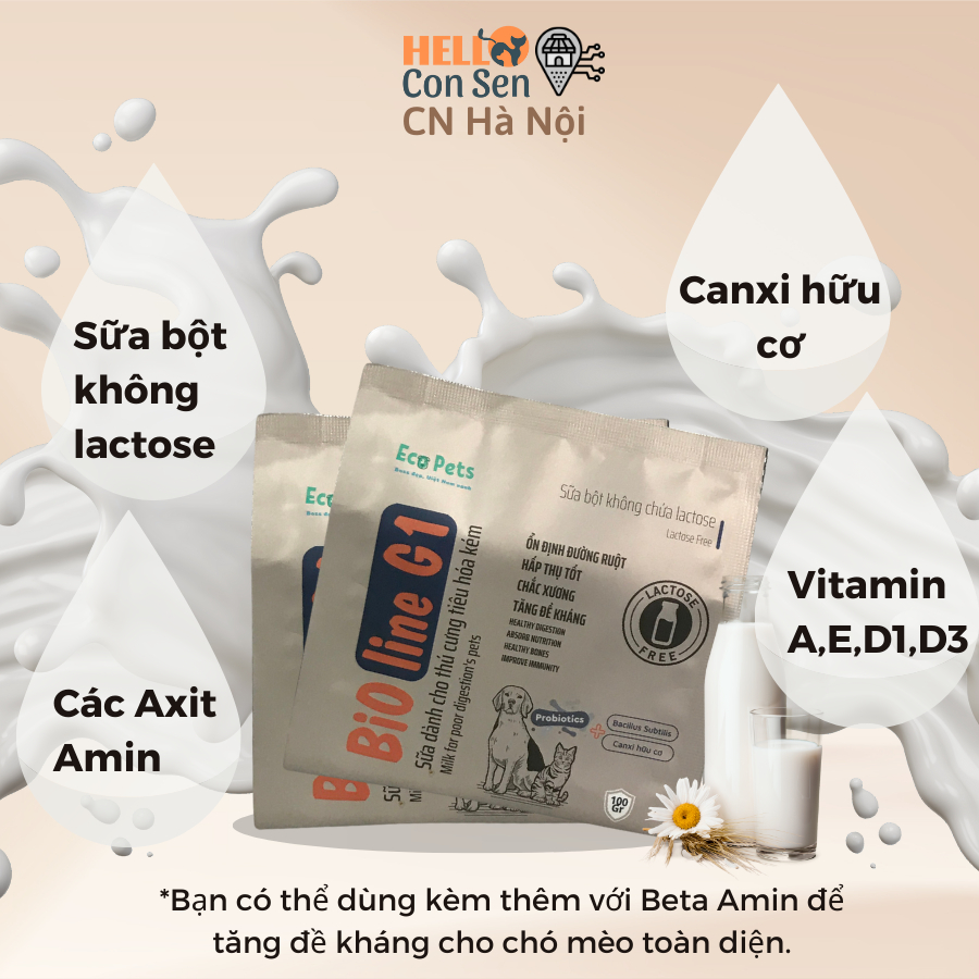 Combo sữa không lactose BIOLINE G1 và Canxi hữu cơ Ecopets 5gr bổ sung canxi dinh dưỡng cho chó mèo bầu chó mèo con