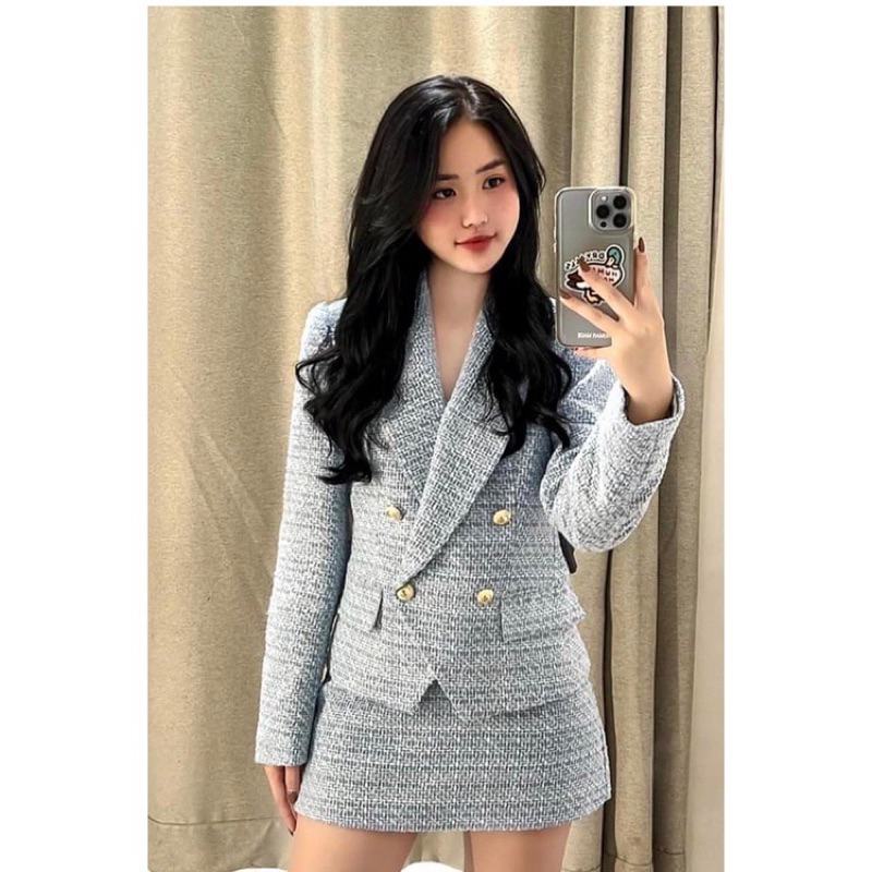 Set bộ áo khoác Zara vest chất tweed xanh min trẻ trung kèm chân váy chữ A
