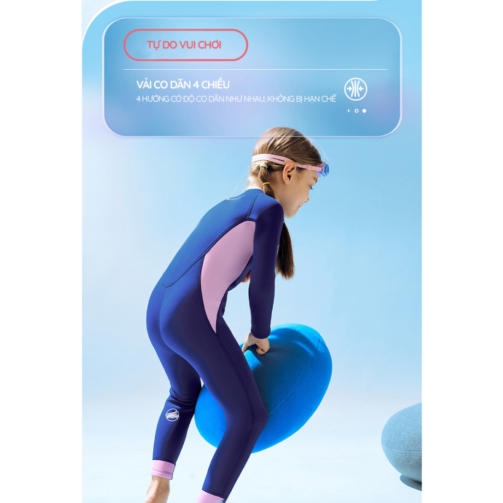 Đồ bơi giữ nhiệt bé gái tay dài quần dài dây kéo trước dày 2.5mm chống UV hiệu Dive & Sail M153576