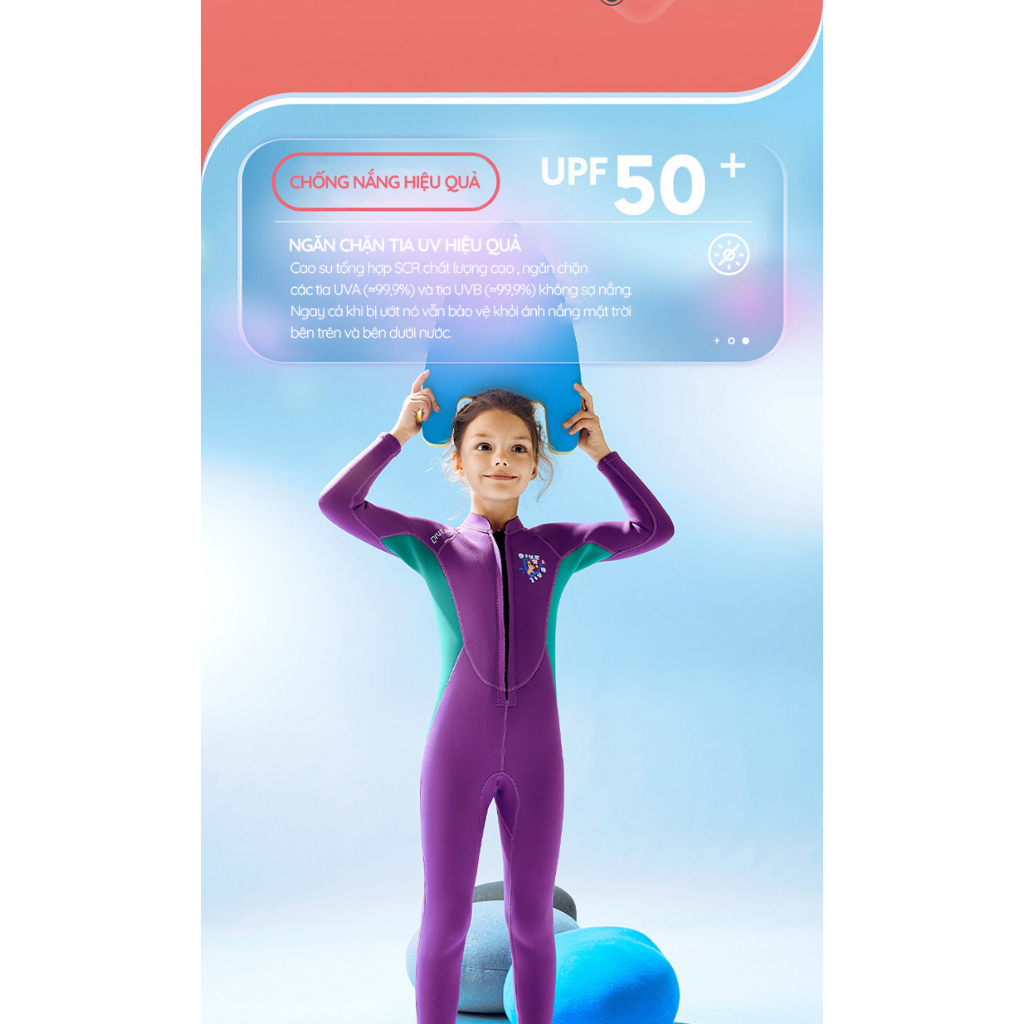 Đồ bơi giữ nhiệt bé gái tay dài quần dài dây kéo trước dày 2.5mm chống UV hiệu Dive & Sail M153576