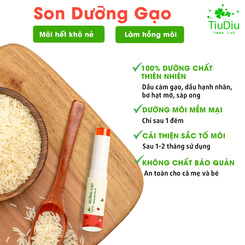 Son Dưỡng Gạo Không Màu Giảm Thâm Môi Nứt Nẻ Thành Phần Tự Nhiên An Toàn Tiudiu 3,6g