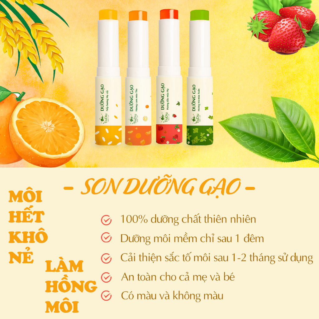 Son Dưỡng Gạo Không Màu Giảm Thâm Môi Nứt Nẻ Thành Phần Tự Nhiên An Toàn Tiudiu 3,6g