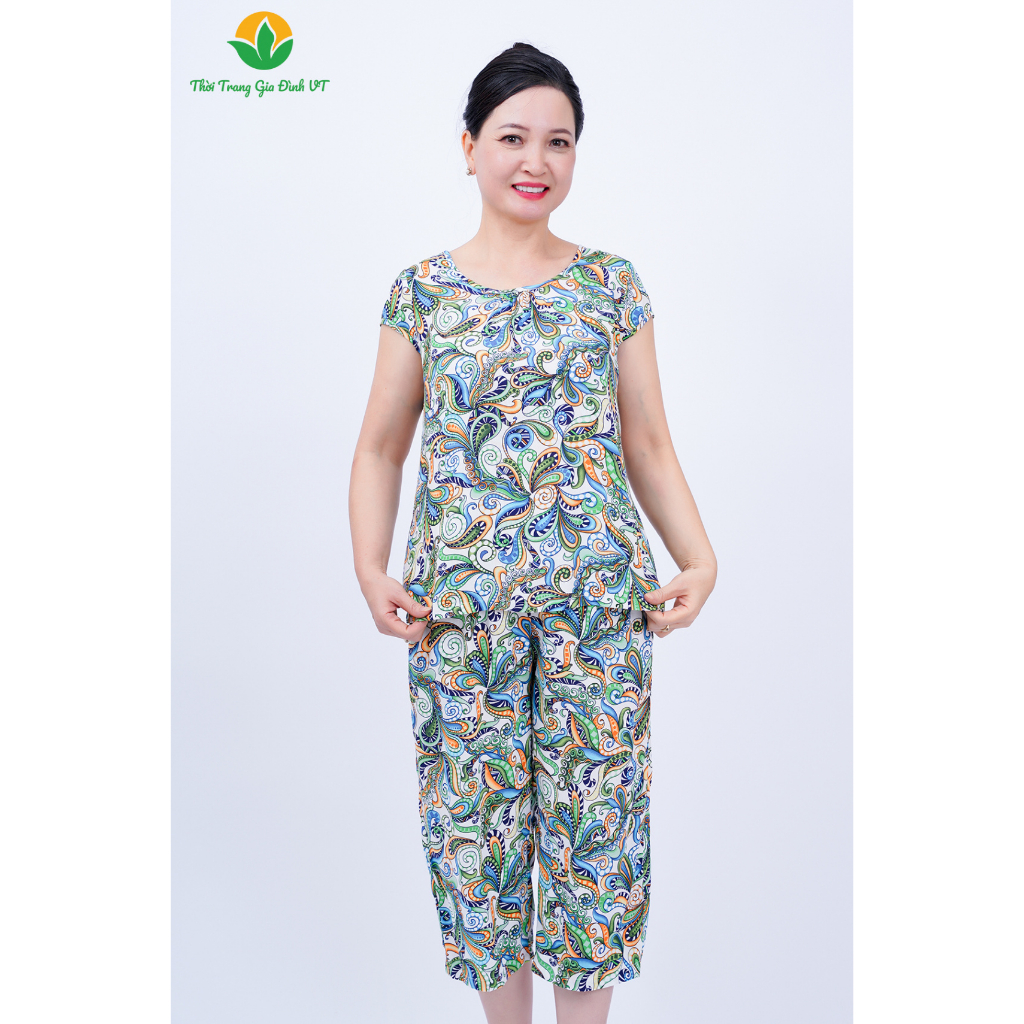 Đồ bộ mặc nhà trung niên mùa hè Việt Thắng, quần lửng, áo cộc tay, chất lanh - B06.2201A