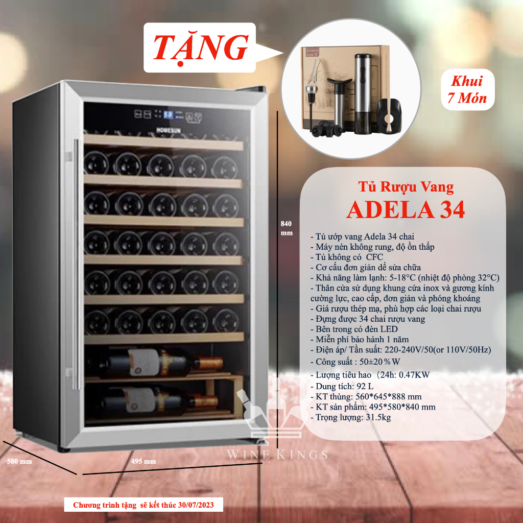 Tủ rượu vang, Tủ bảo quản rượu vang Adela 34