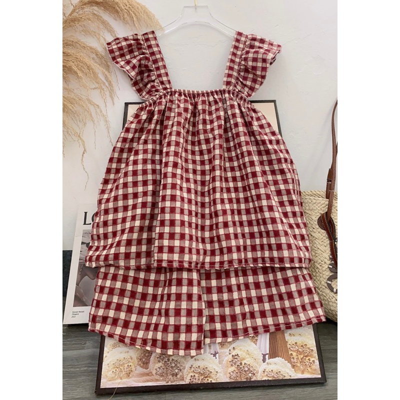 Đồ ngủ nữ, sét bộ chất cotton caro tay cánh tiên form rộng xinh xắn