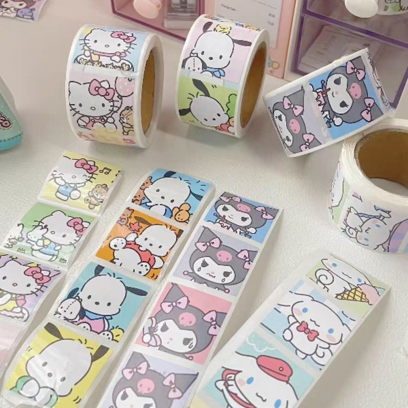 Cuộn 200 miếng tem sticker niêm phong Sanrio Kuromi Cinamarol Hellokitty Melody …