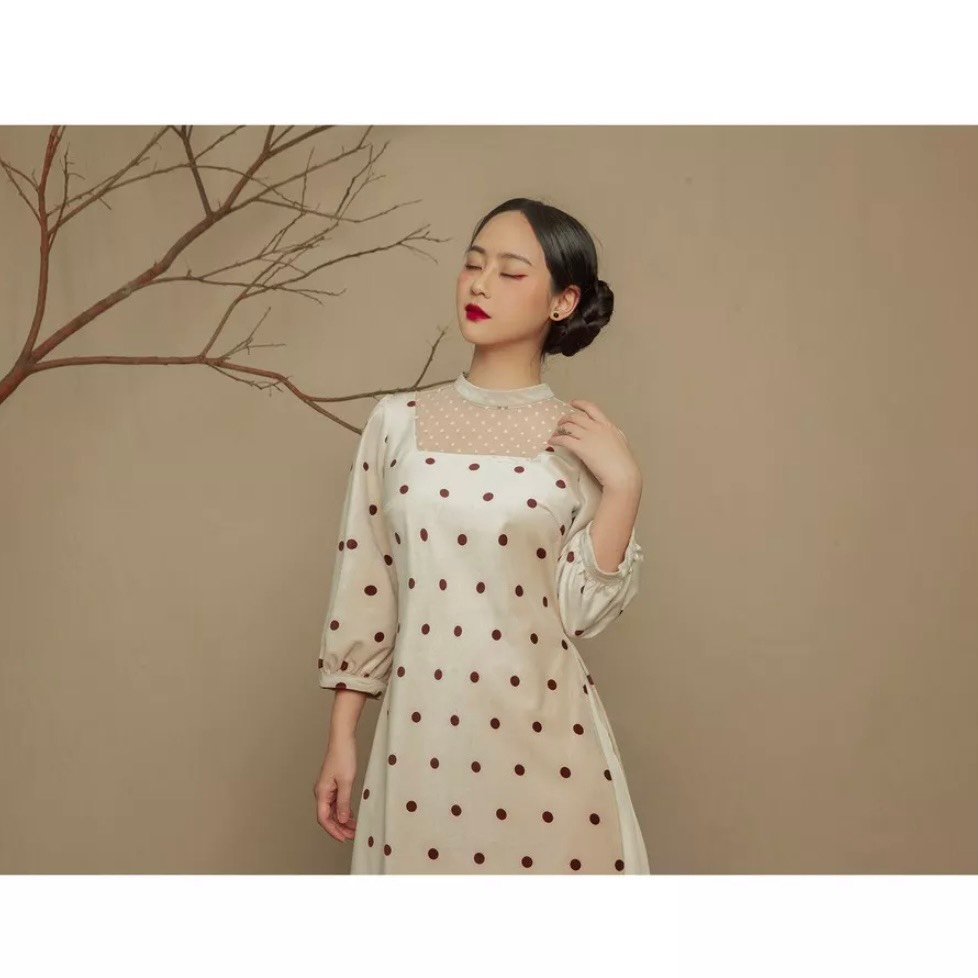 Áo dài cách tân tay bồng chất nhung kèm mấn
