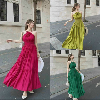 Đầm thời trang nữ mặc đi chơi cổ yếm đính hoa cổ có mút ngực chất vải Lụa 100D váy mocking sau,