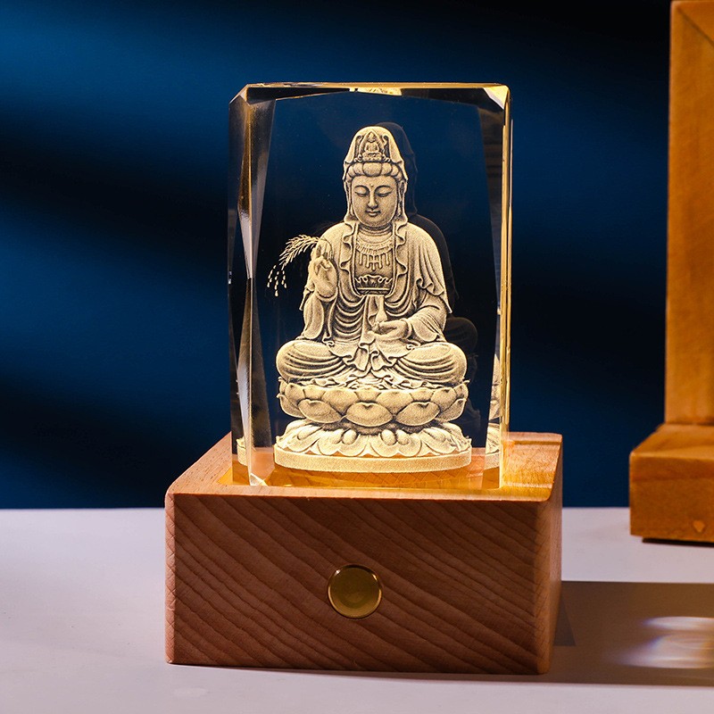 Trợ Duyên Tượng phật 3d pha lê kèm đế đèn tích điện cao cấp - Pháp Bảo Phật Giáo.