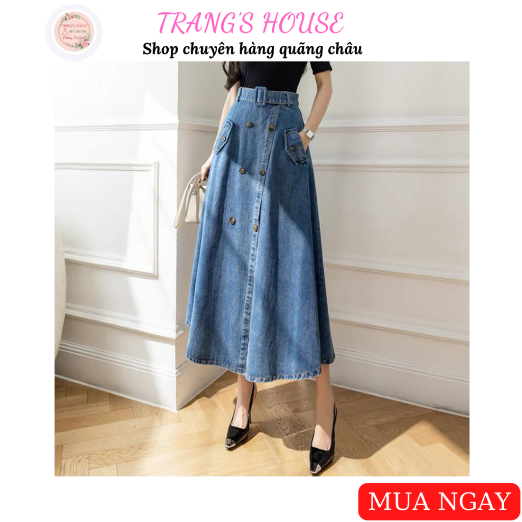 Chân váy jean xòe dài phối nút túi kiểu kèm thắt eo XINH XẮN - Shop Trang Quãng Châu