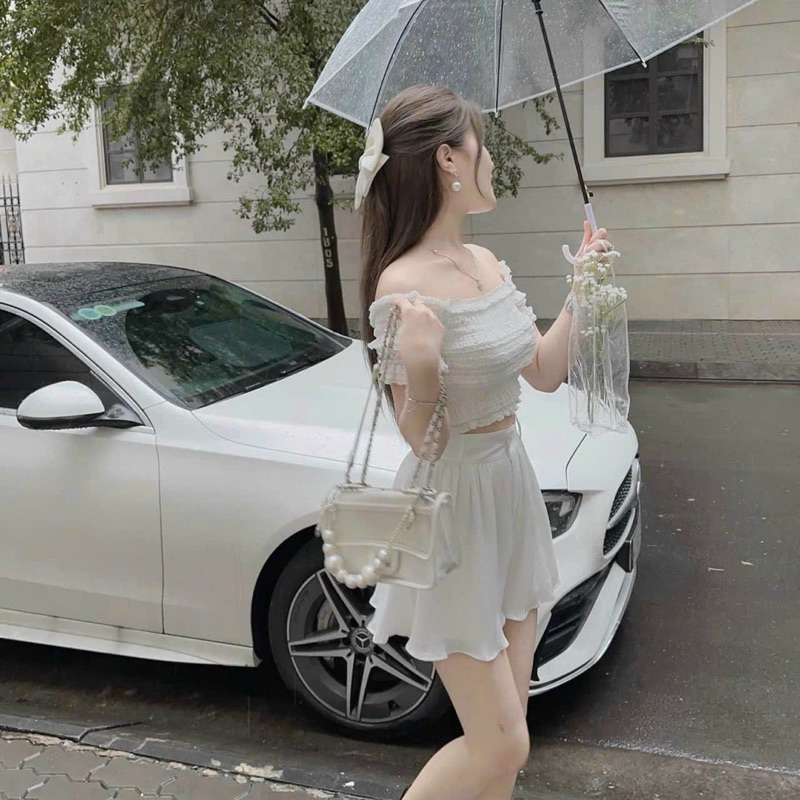 Set Áo Trễ Bẹc Vai Tay Ngắn Nhún Nhăn QC  Mocking + Quần Short Xoè Dập Ly