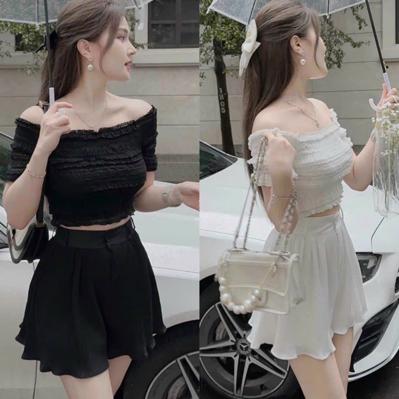 Set Áo Trễ Bẹc Vai Tay Ngắn Nhún Nhăn QC  Mocking + Quần Short Xoè Dập Ly