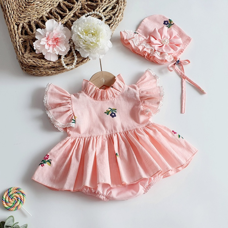 Body Váy Linen Hồng 𝐍𝐇𝐈́𝐌 𝐗𝐔̀ 𝐊𝐈𝐃𝐒 Cho Bé Gái Sơ Sinh, Đầy Tháng, Thôi Nôi, Sinh Nhật Chất Linen Bột B030
