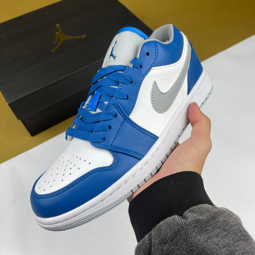 Giày JD1 Low True Blue Cement, JD1 Thấp Trắng Xanh Móc Xám - Than.Shoes