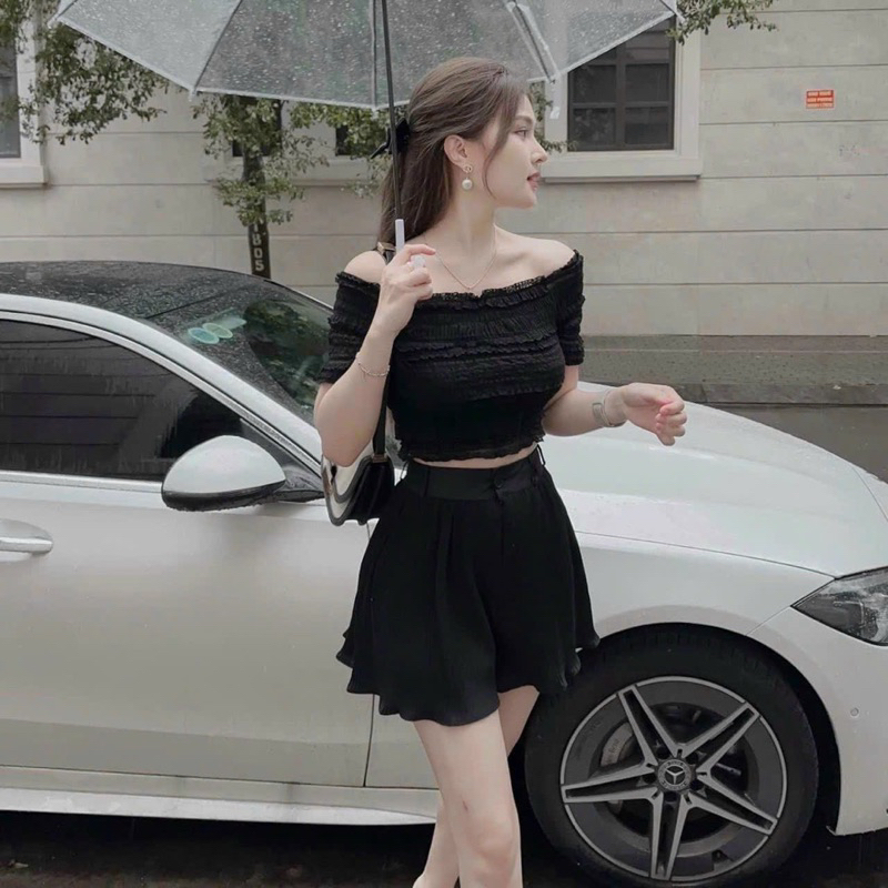Set Áo Trễ Bẹc Vai Tay Ngắn Nhún Nhăn QC  Mocking + Quần Short Xoè Dập Ly