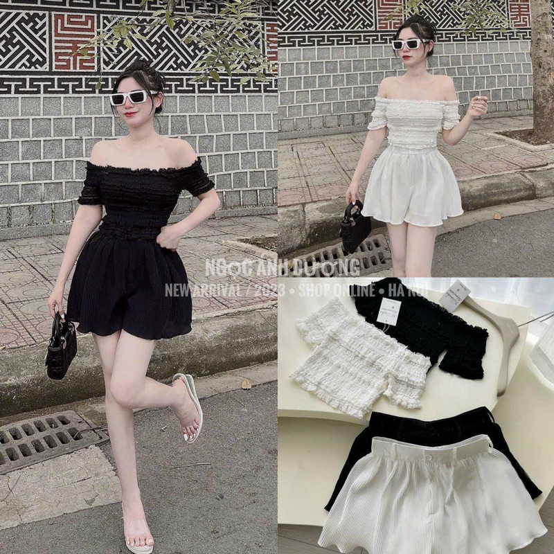 Set Áo Trễ Bẹc Vai Tay Ngắn Nhún Nhăn QC  Mocking + Quần Short Xoè Dập Ly